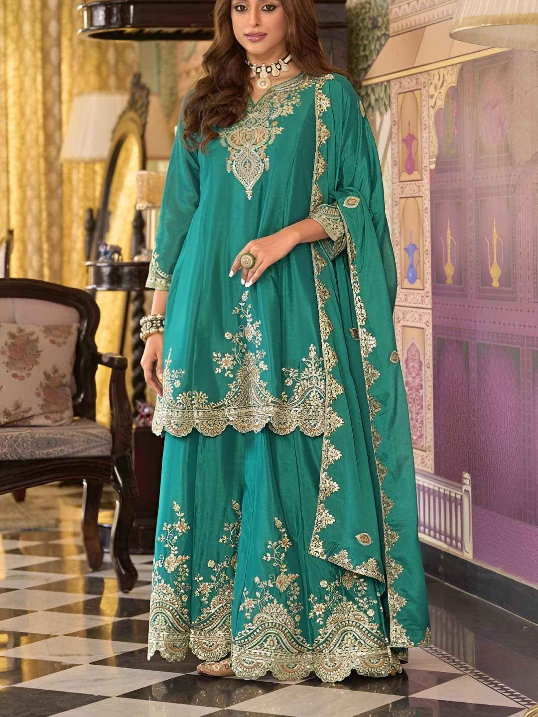 AUTUMN LANE Women Rangrit Fern Full Work Gharara Set