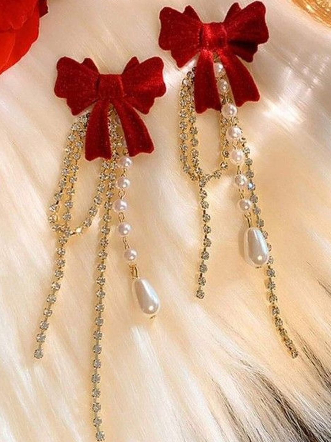 DressBerry Women Gold-Plated Red Bow Drop Earrings
