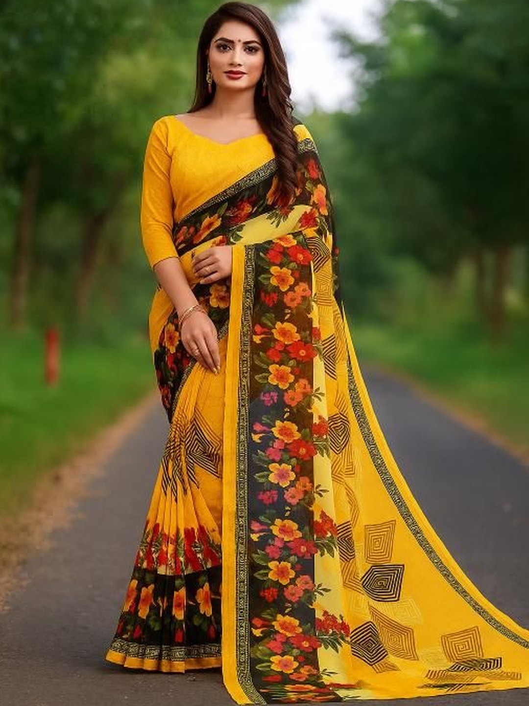 Moda Rapido Women Yellow Georgette Saree With Unstitched Blouse Piece