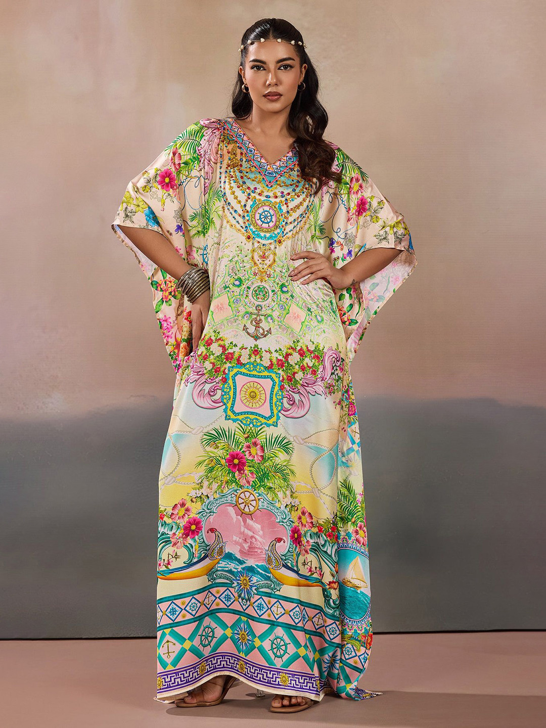 LABEL AARNA Women Digital Printed Vintage Inspired Soft Satin Kaftan Dress With Rhinestone