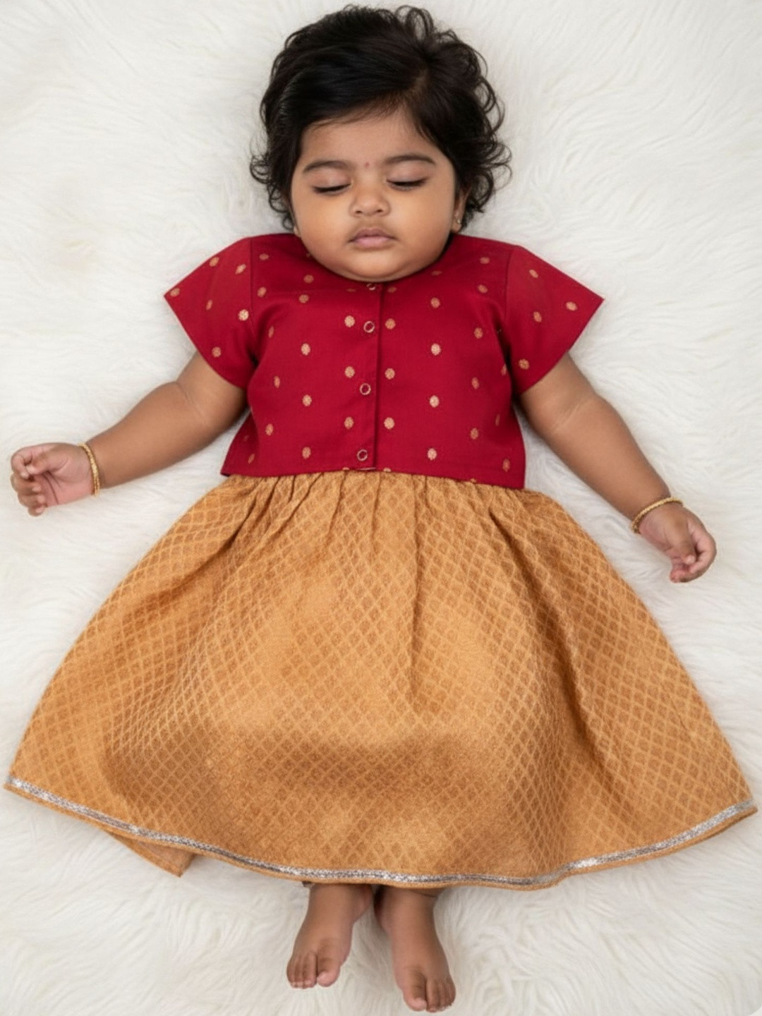 Sangria Girls Gold Woven Design Lehenga And Maroon Blouse Set