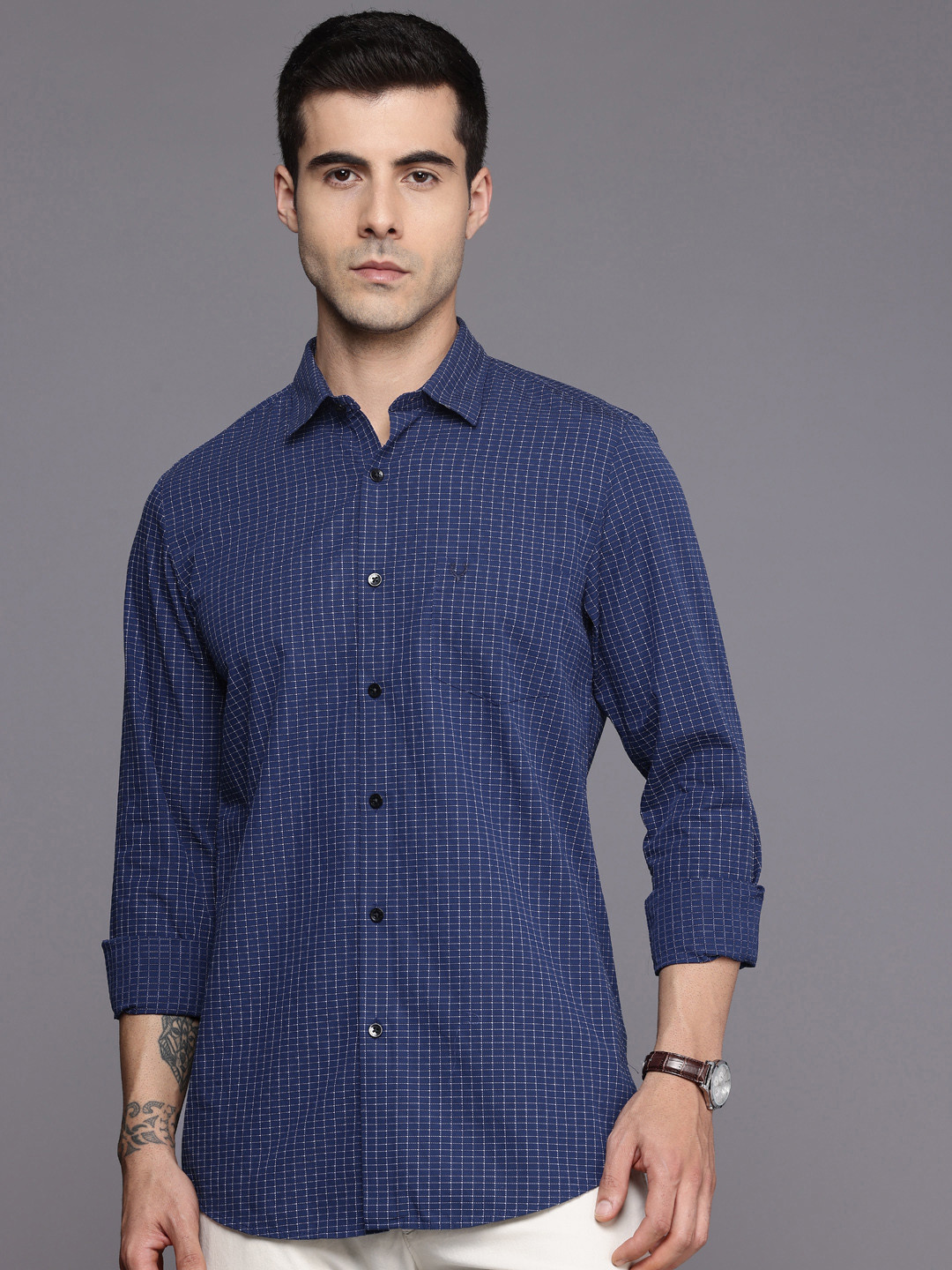Allen Solly Pure Cotton Comfy Slim Fit Grid Tattersall Checks Casual Shirt