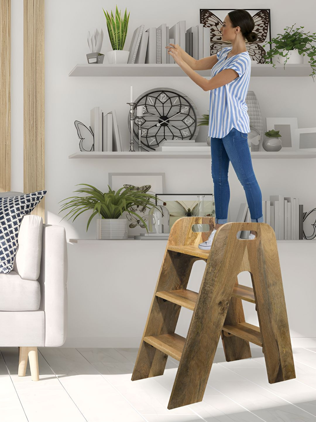 Metalsmith Beige Textured Wooden 3-Step Wide Anti-Skid Twin Step Ladder