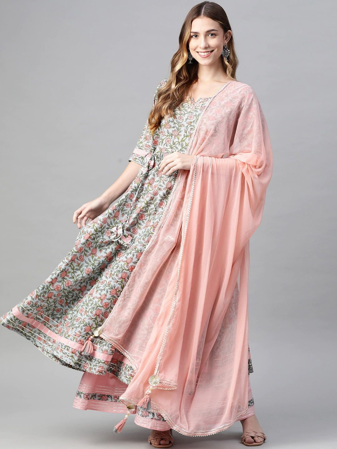 KALINI Women Floral Printed Pure Cotton Kurta with Palazzos & With Dupatta