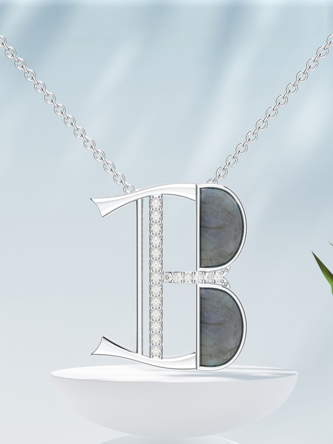 Kicky And Perky 925 Sterling Silver Rhodium-Plated Stones Studded B Pendant With Chain