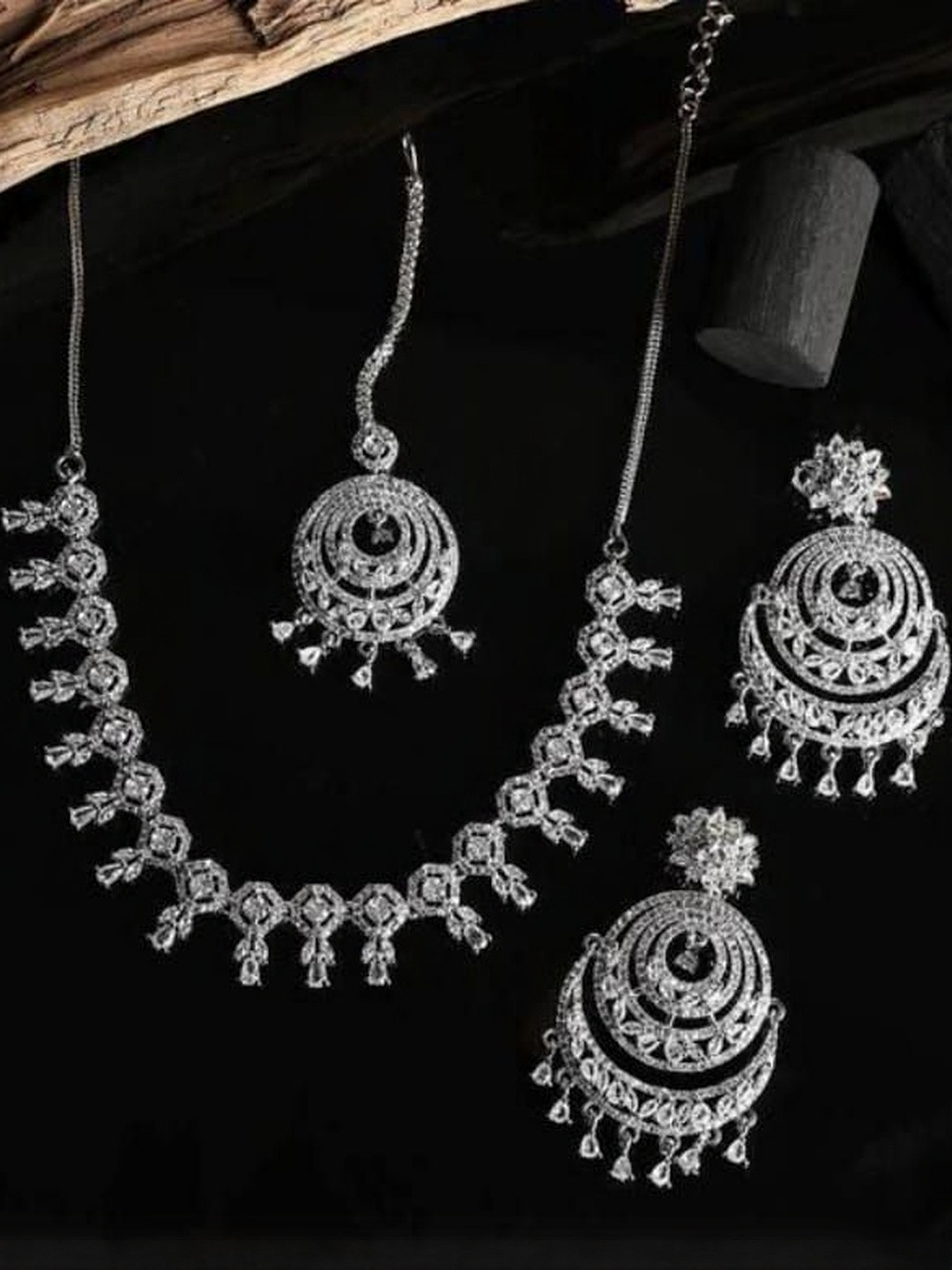 Nakoda Art Jewellery Rhodium-Plated American Diamond Jewellery Set