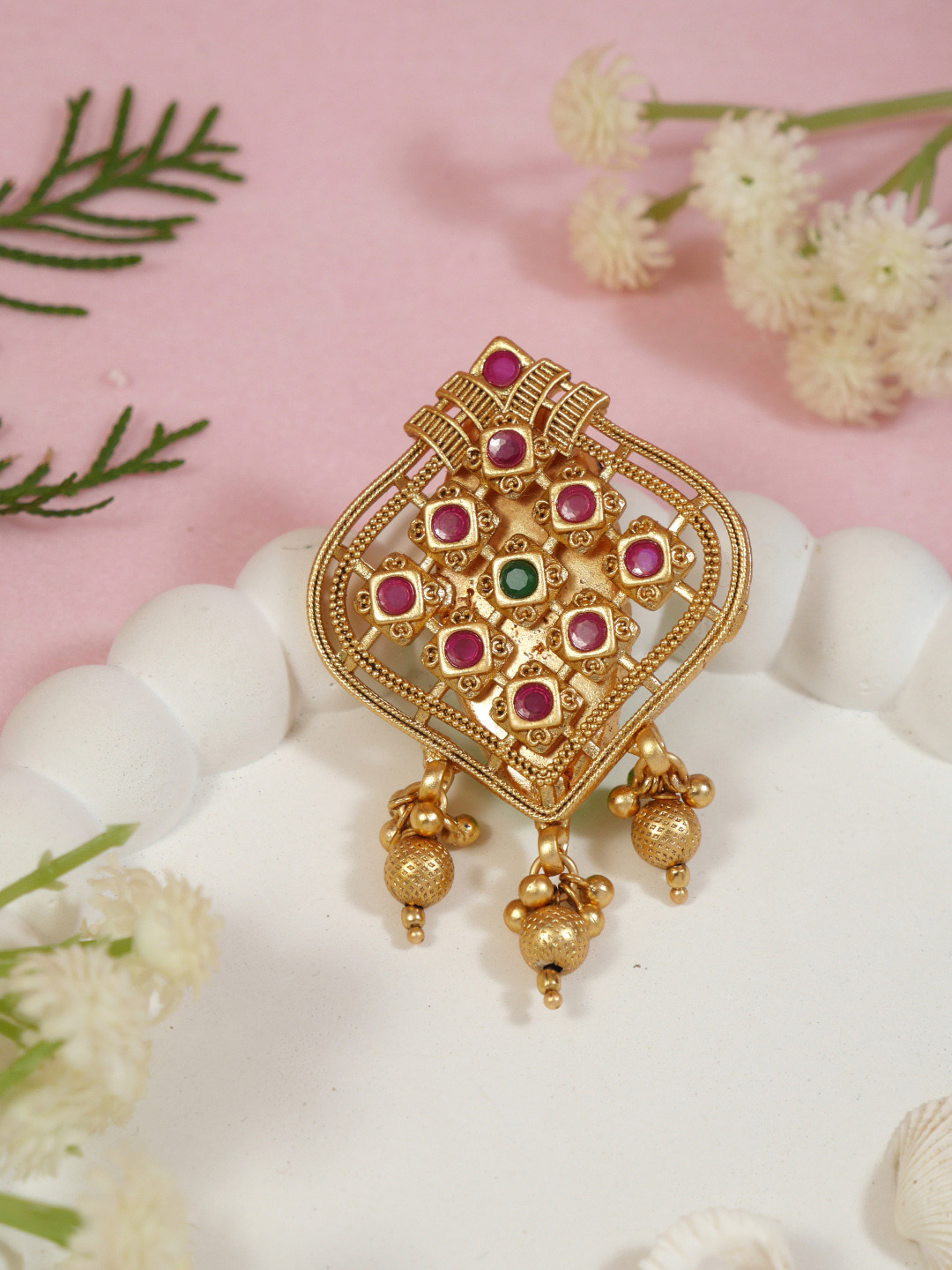 I Jewels Gold Plated Traditional Kundan-Studded & Beaded Saree Pin Brooch