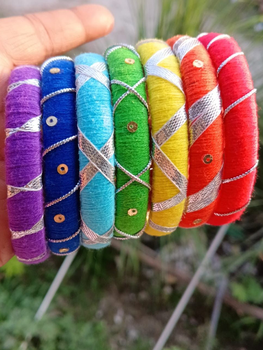 GOLORY Set Of 7 Sterling Silver Thread Work And Sequence Design Bangles