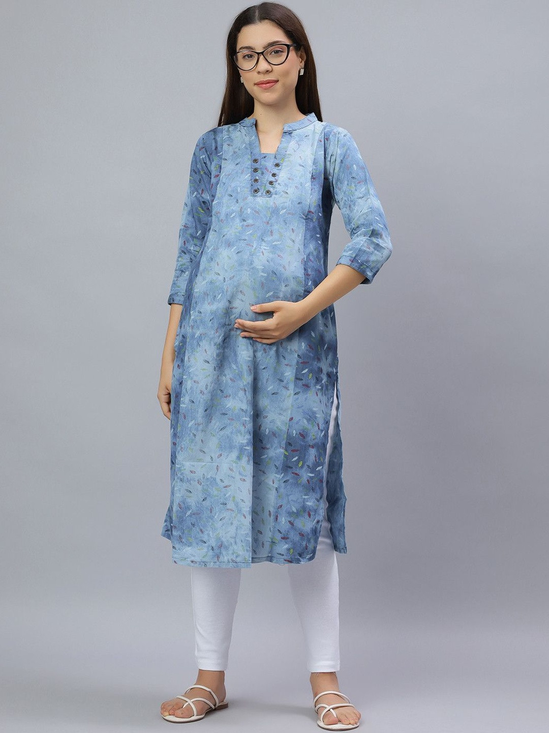Mammas Women Blue Pure Cotton Printed V-Neck Maternity Kurti