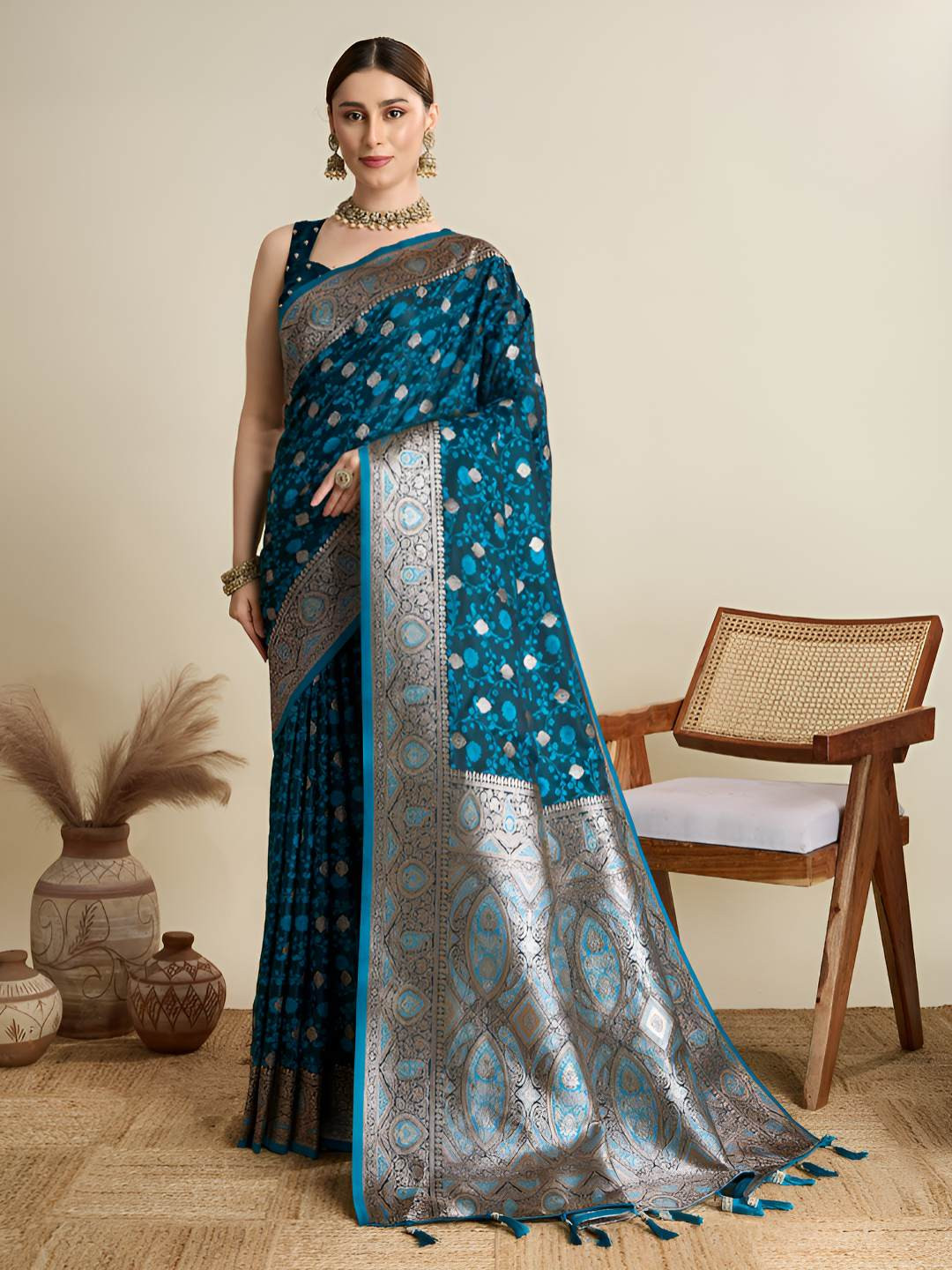 OFLINE SELECTION Ethnic Motifs Woven Design Zari Satin Banarasi Saree