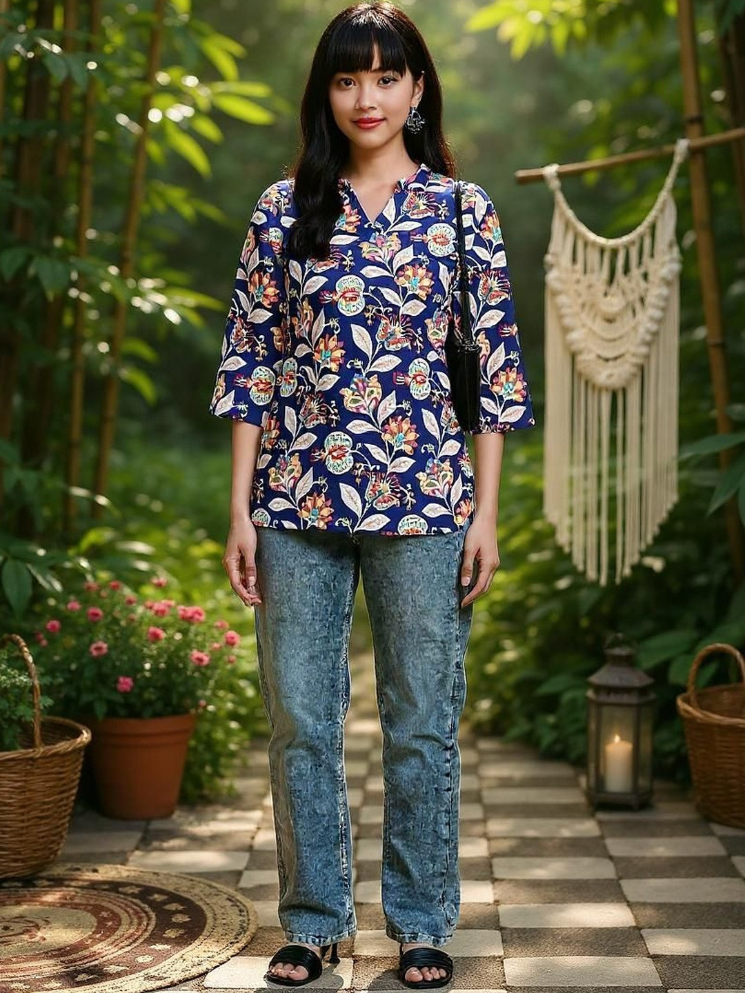 SZN Women Cotton Navy Blue Cotton Blend Short Printed Kurti