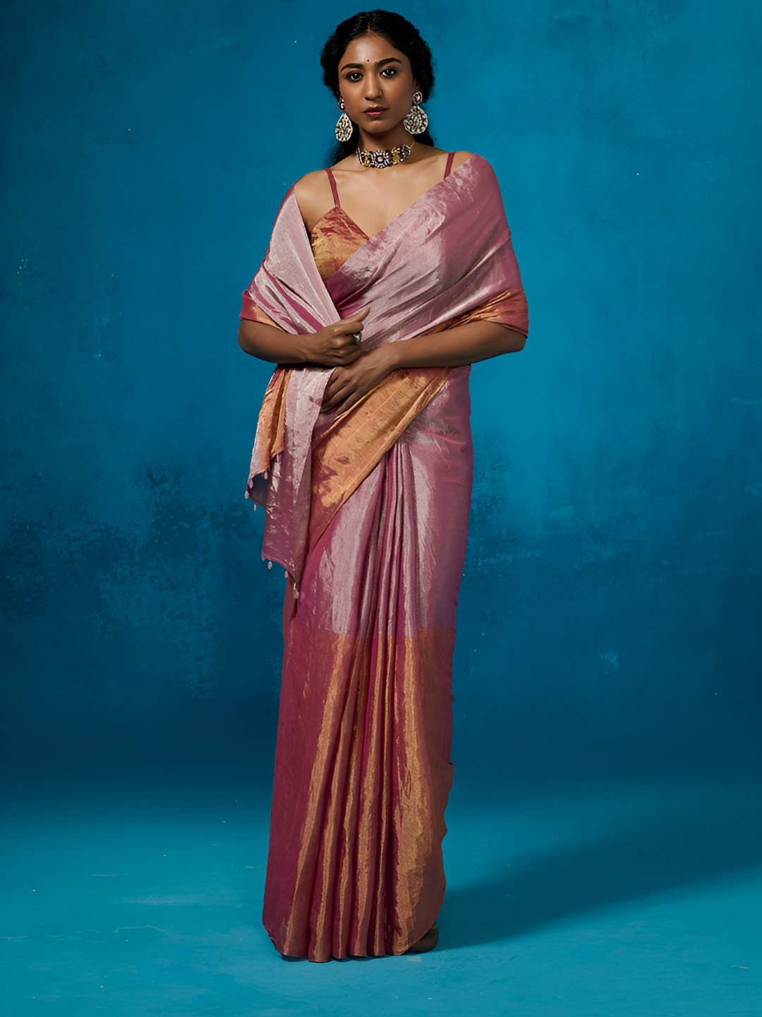 Dressfolk Striking Pink & Orange Chanderi Tissue Saree on Shimmering Gold Zari Base