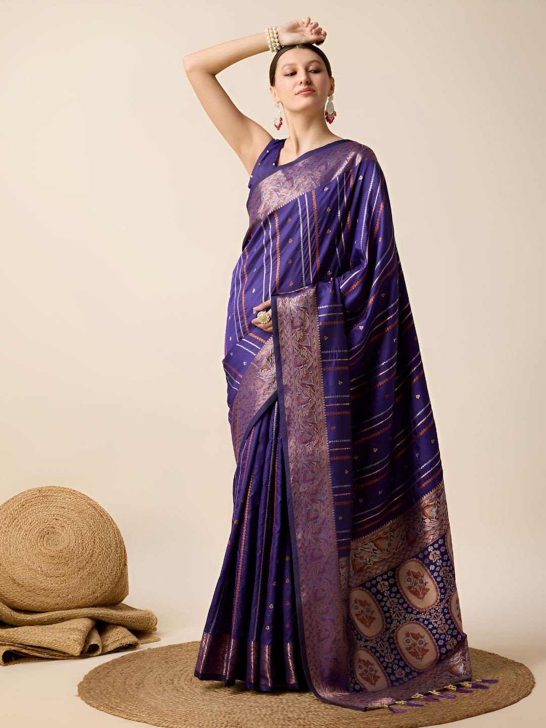OFLINE SELECTION Women Purple Woven Design Zari Handloom Banarasi Saree