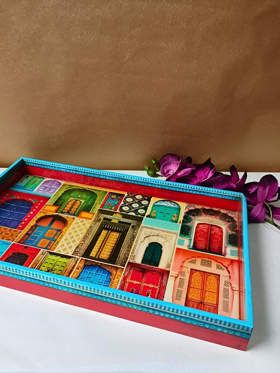 THE HOME CO. Turquoise Blue Wood Dishwasher And Microwave Mughal Darbar Safe Serving Tray
