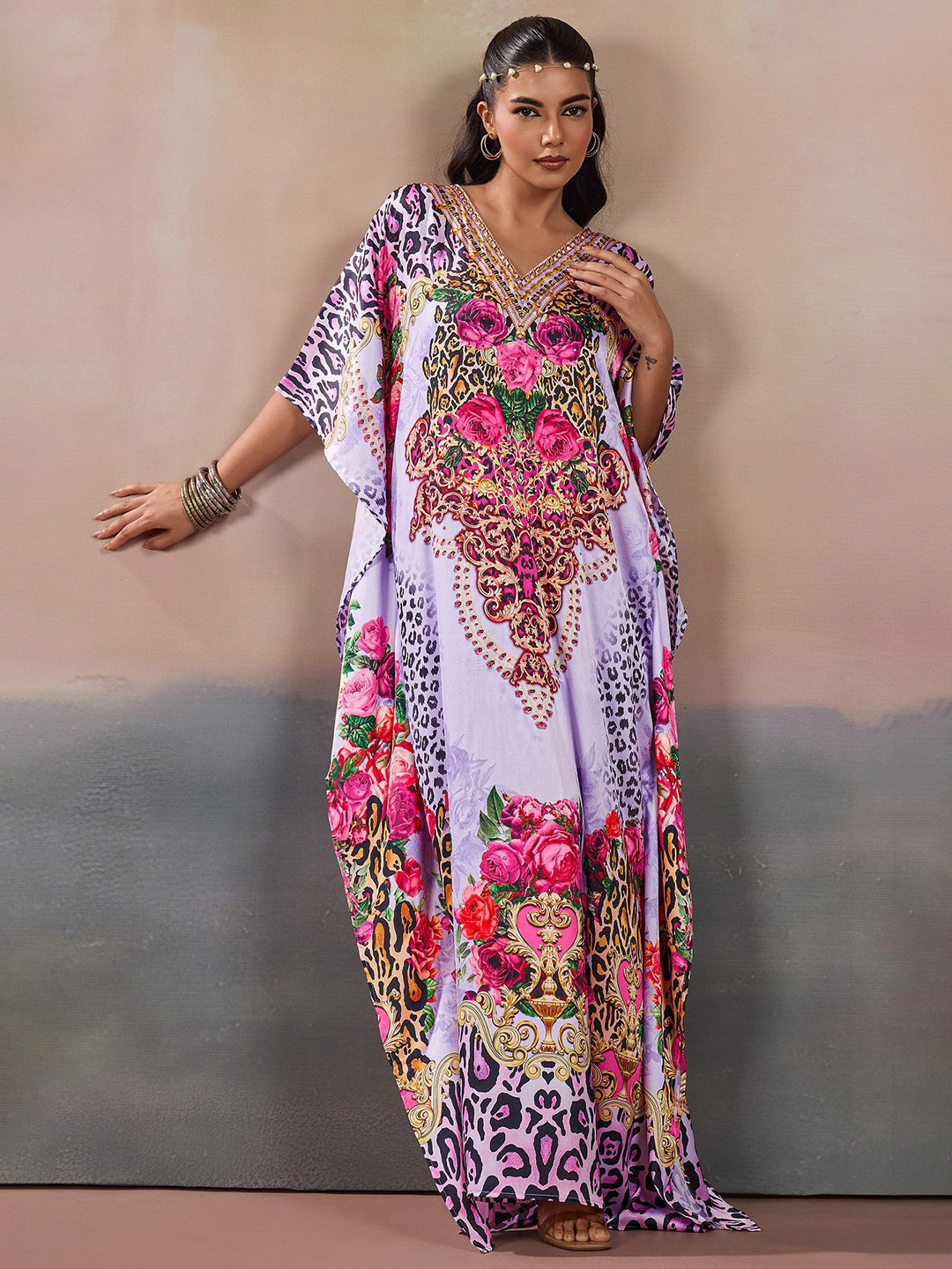 LABEL AARNA Women Digital Printed Deep Jewel Soft Satin Kaftan Dress With Rhinestone
