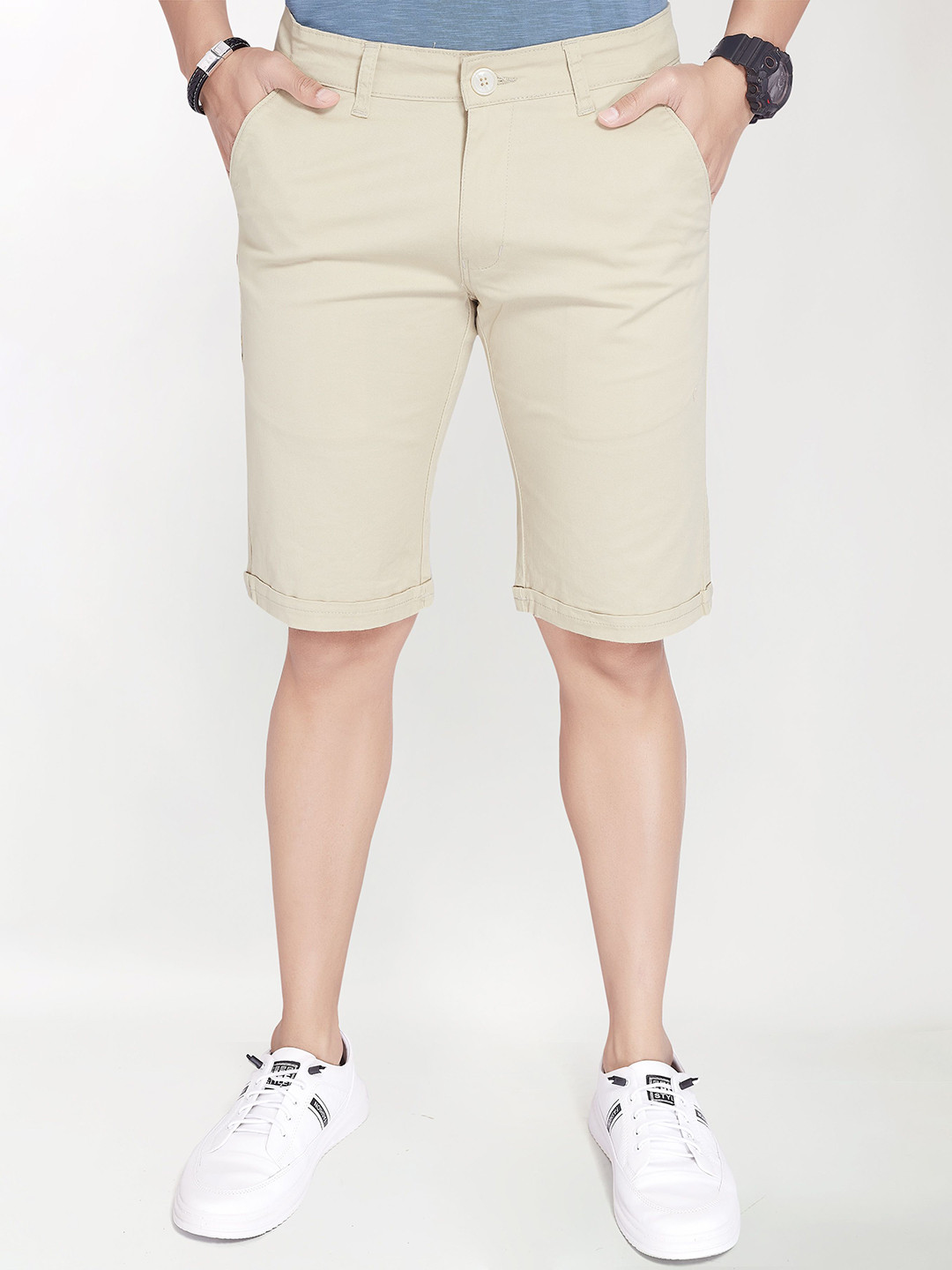 Beige Regular Fit Knee Length Chino Shorts