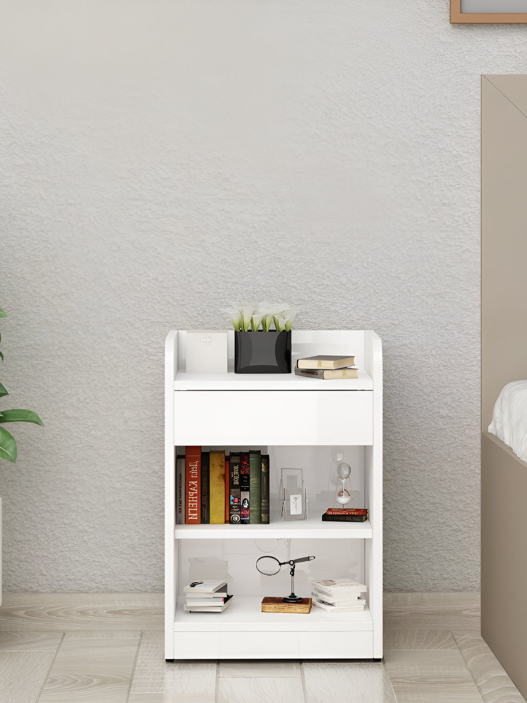 Crystal Furnitech White Textured Wooden Rectangle Bedside Table