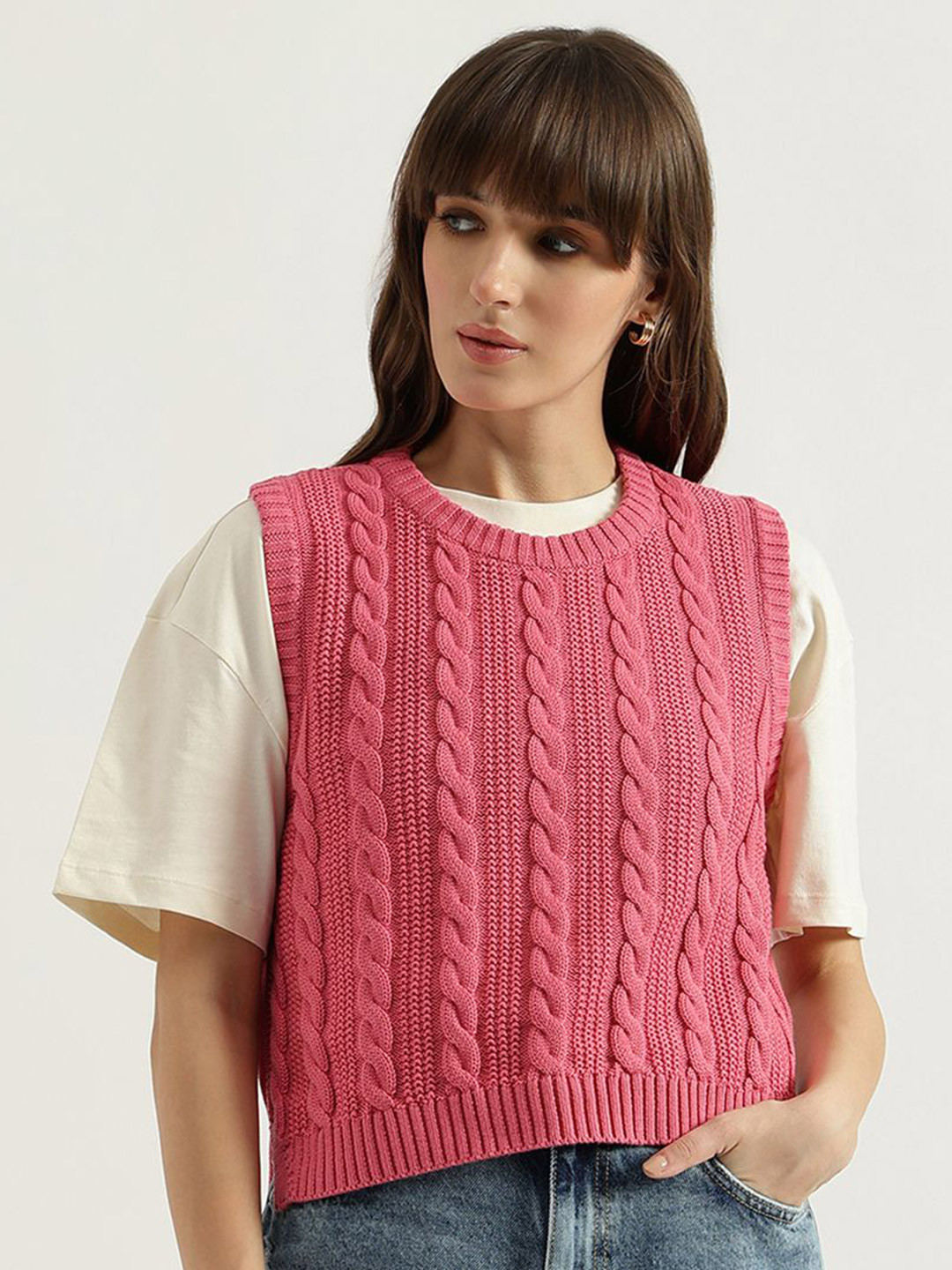 United Colors of Benetton Women Cable Knit Self Design Pure Cotton Sweater