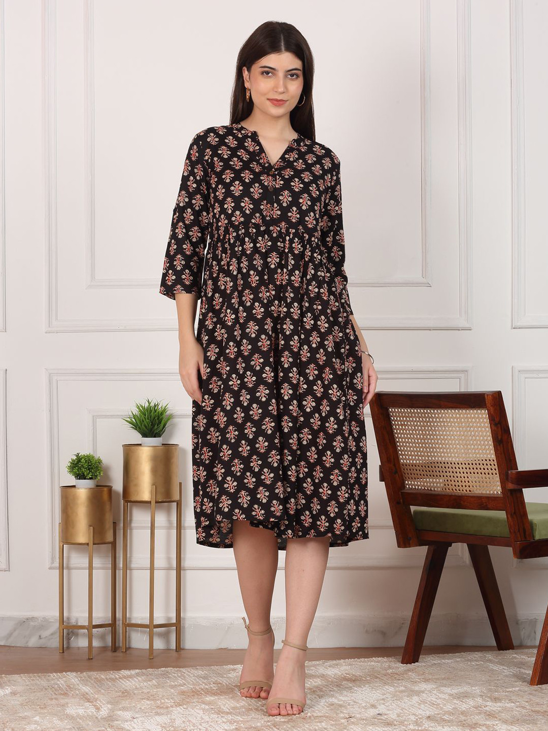 AVALIA Floral Printed Regular Sleeves Fit & Flare Dress