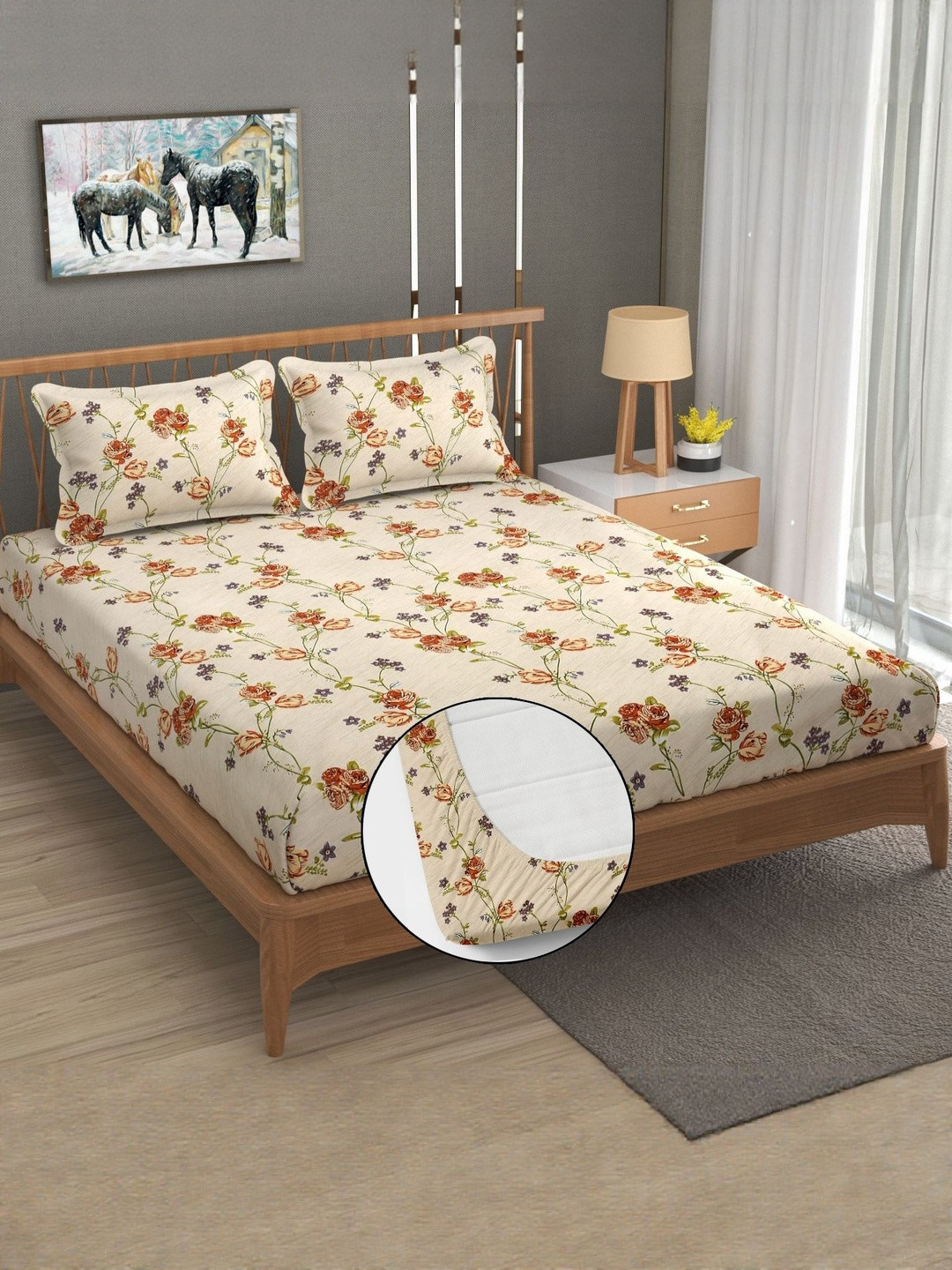FURNOFY Beige & Red 130 GSM Floral Bedsheet with 2 Pillow Covers