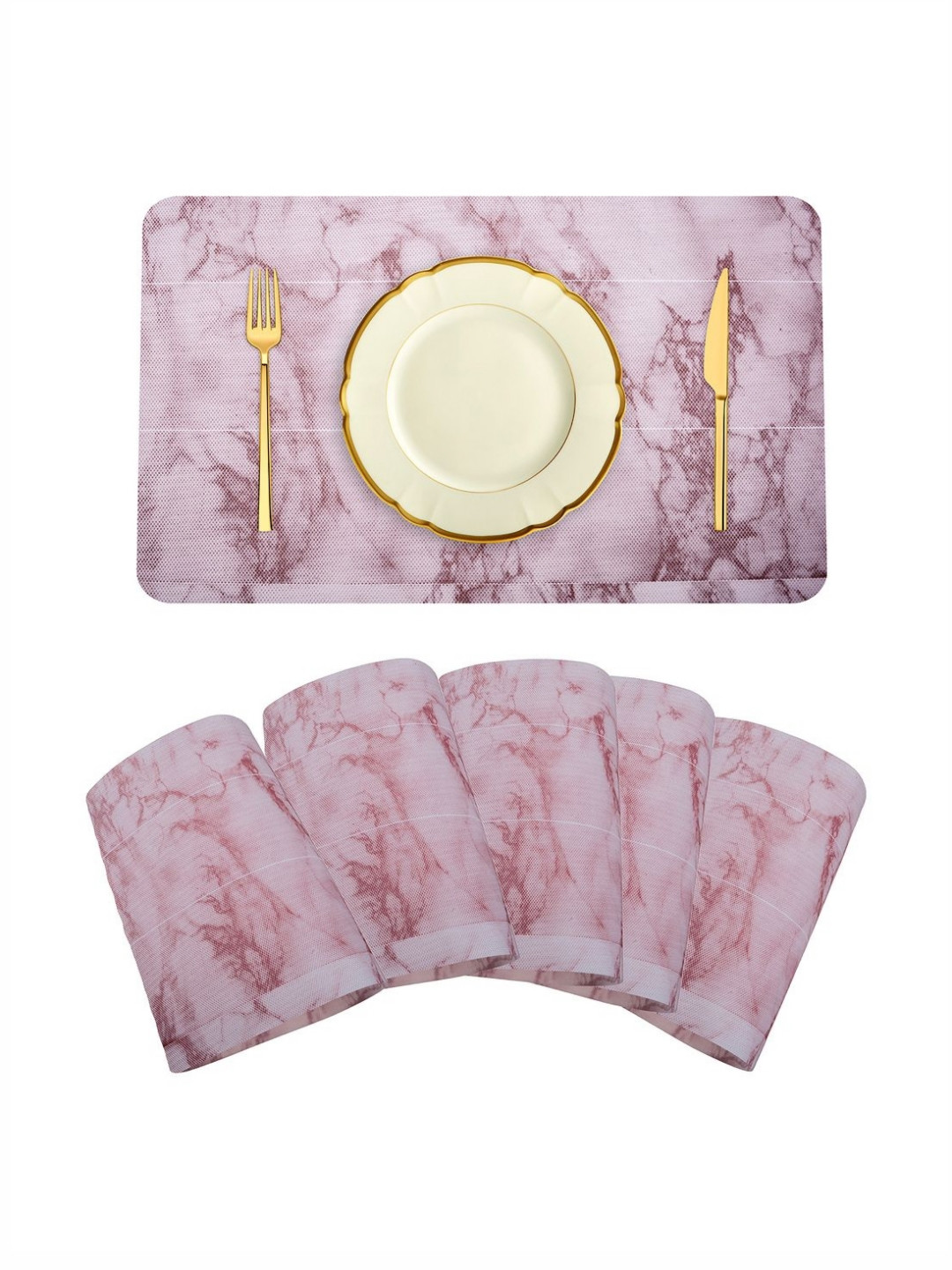 Aura Pink & White 6 Pieces Marble Printed Rectangle Table Placemats