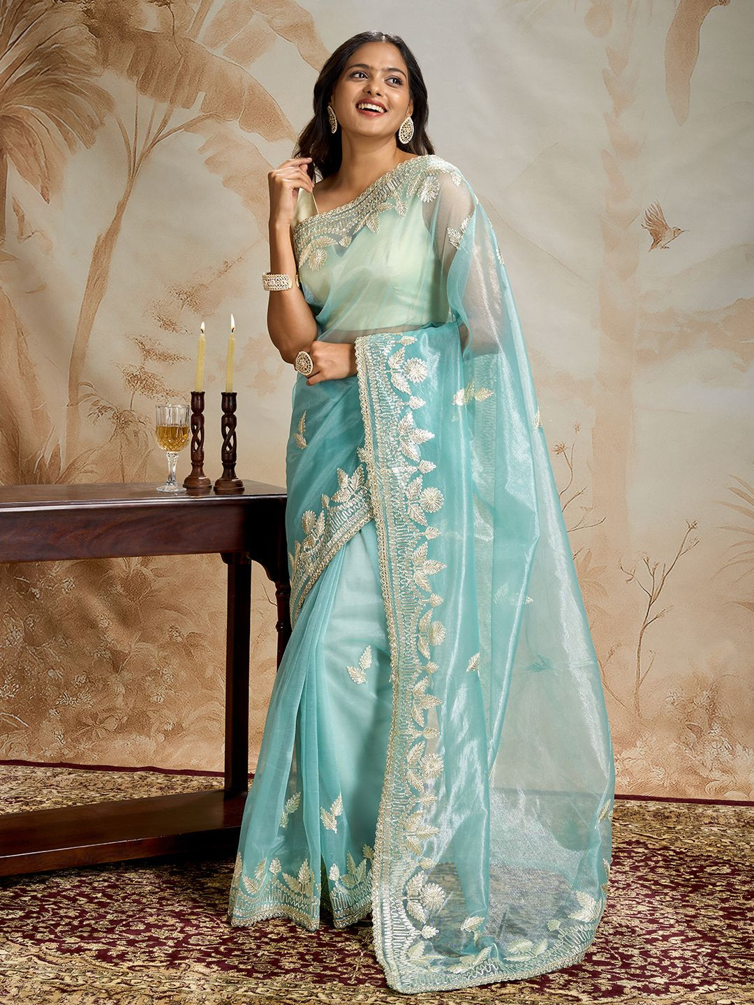 TEEJH Meheriye Sea Green Net Gota Saree
