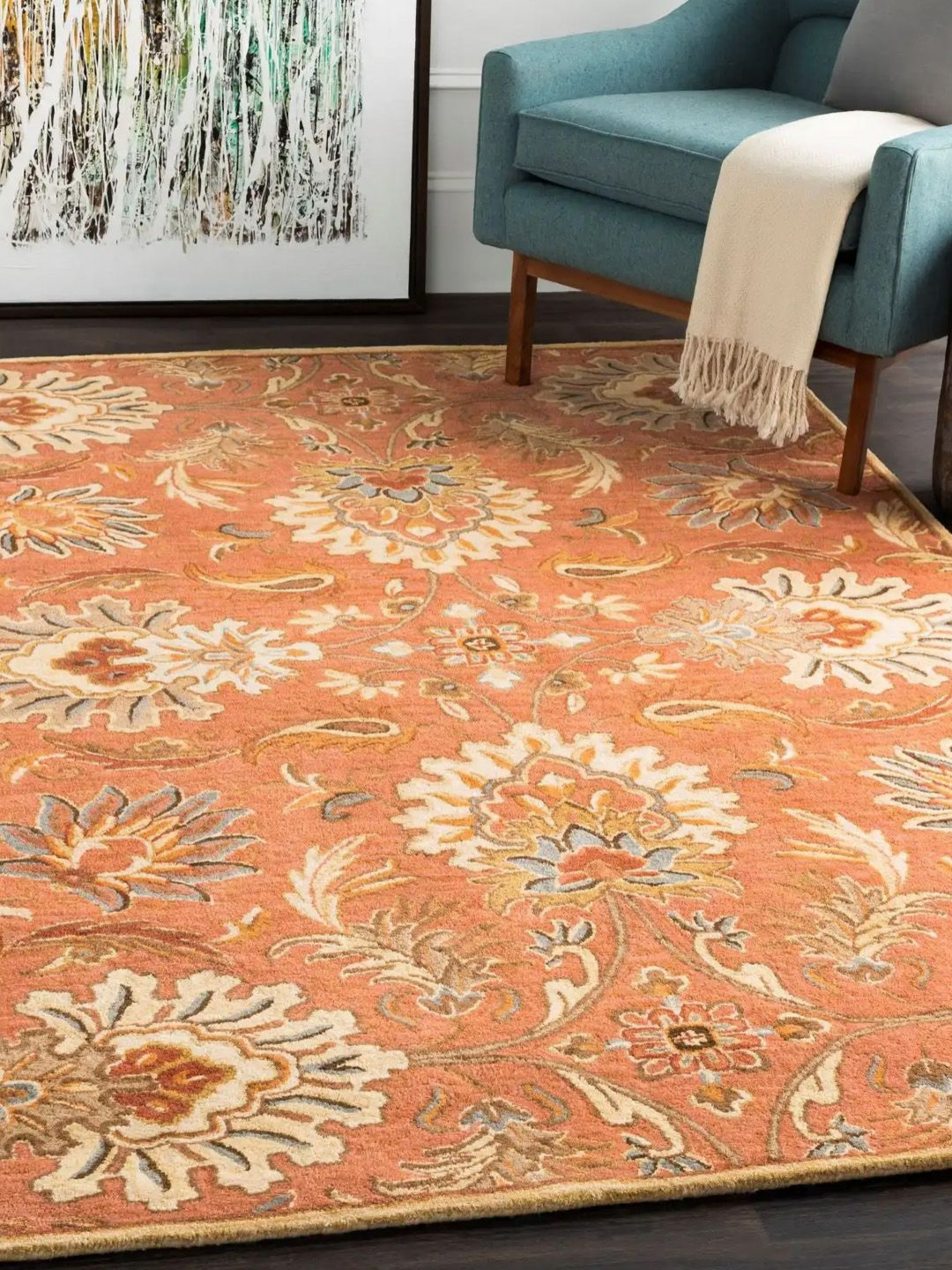 Surya Living Orange Ethnic Motifs Self Design Woollen Anti-Skid Carpet