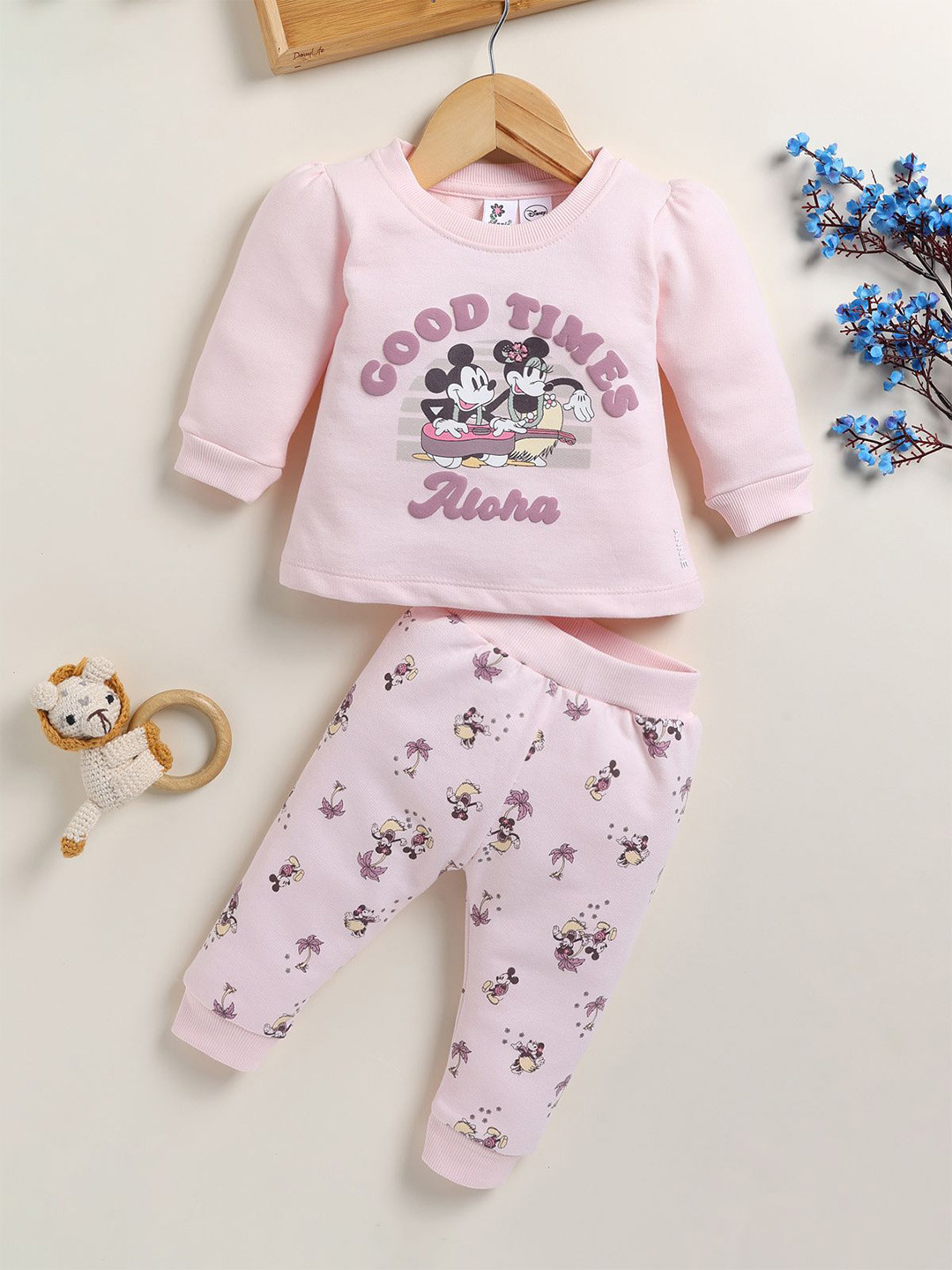 Annie Girls Mickey & Minnie Printed Long Sleeves Pure Cotton T-shirt With Joggers