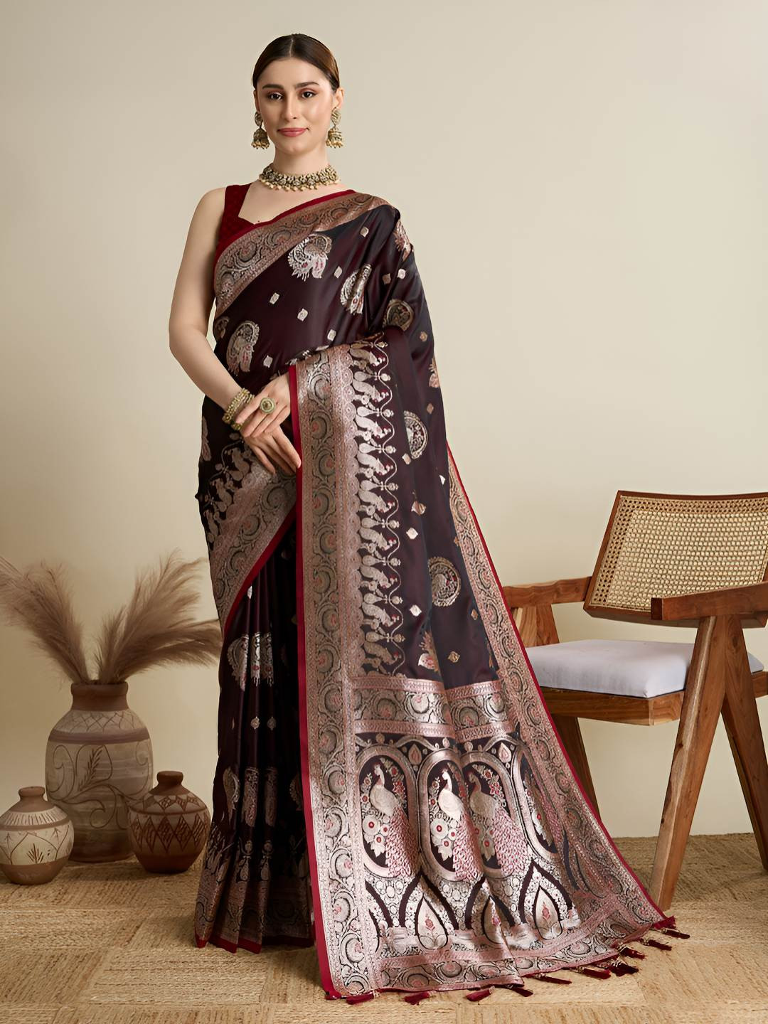 OFLINE SELECTION Ethnic Motifs Woven Design Zari Satin Banarasi Saree