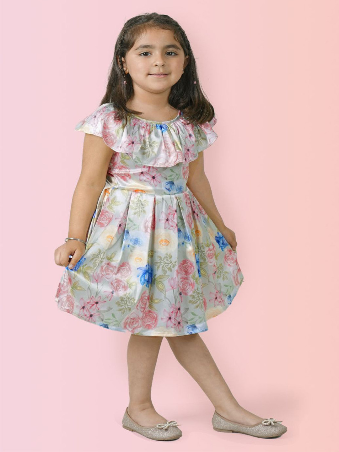 LH LUXURY FASHION Girls Floral Print Cape Sleeves Cashmere Fit & Flare Dress