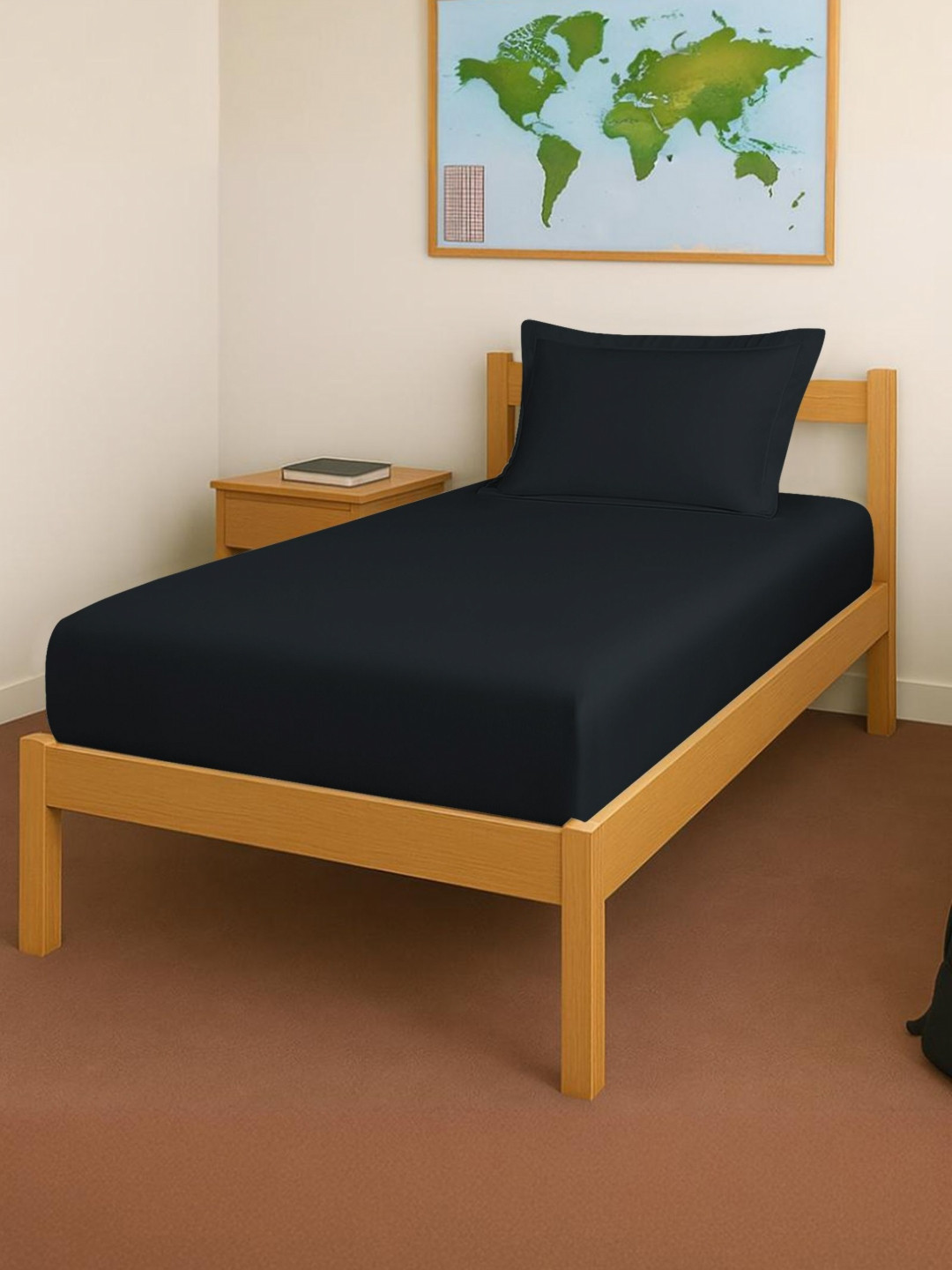 PIZUNA LINENS linens Black 400 TC Pure Cotton Fitted Single Bedsheet Set-0.99 m x 1.98 m