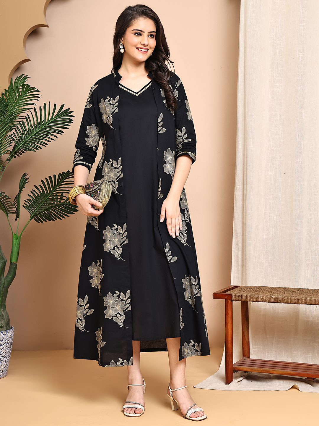 Claura Women Floral Printed A-Line Maxi Dress with Jacket
