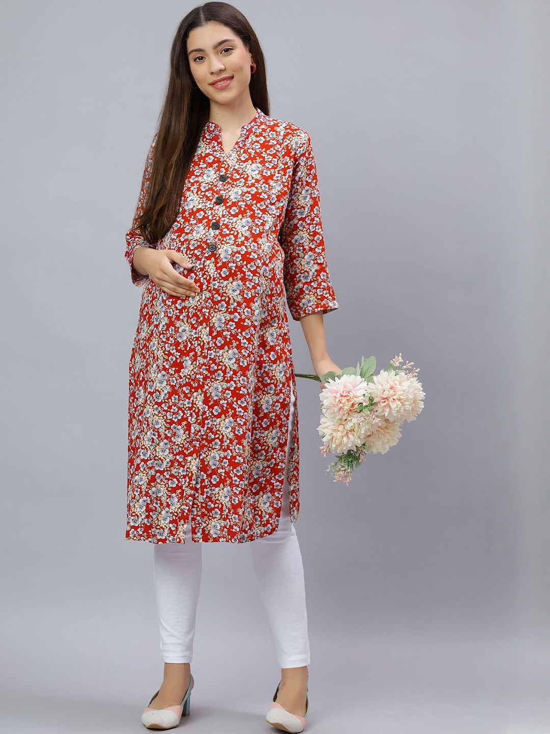 Mammas Maternity Women Red Floral Printed V-Neck Floral Printed