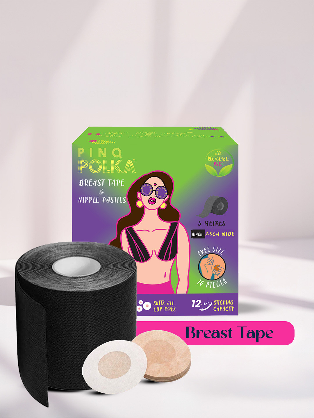 PINQ POLKA Boob Tape For Women 7.5 Cm Wide 10 Nipple Pasties Breast Lift Body Tape Black