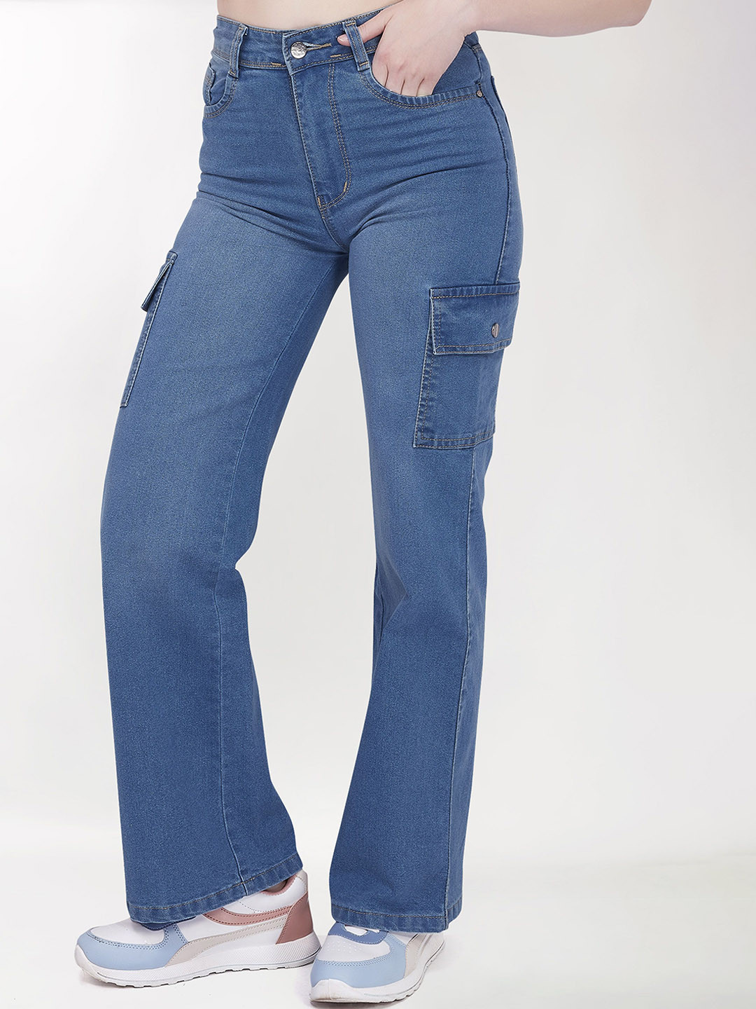 DIVISIVE Women Loose Fit Wide Leg Denim Cargo Jeans