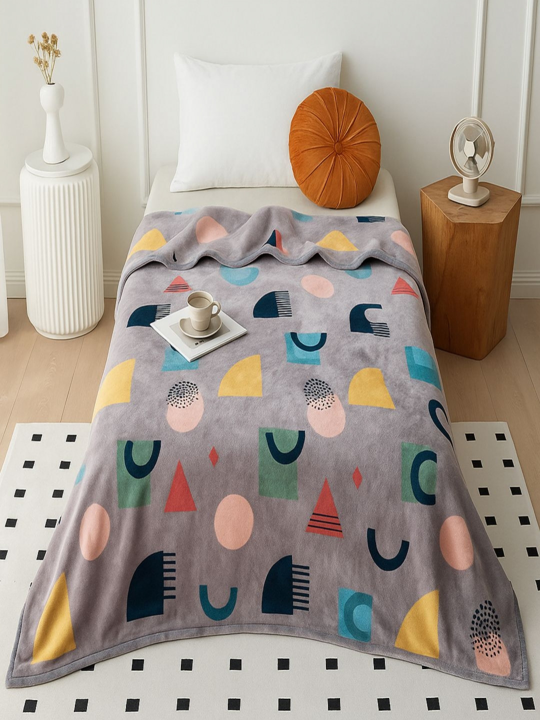 Threadwear Life Style Series Grey Printed AC Room 300 GSM Woollen Single Bed Blanket