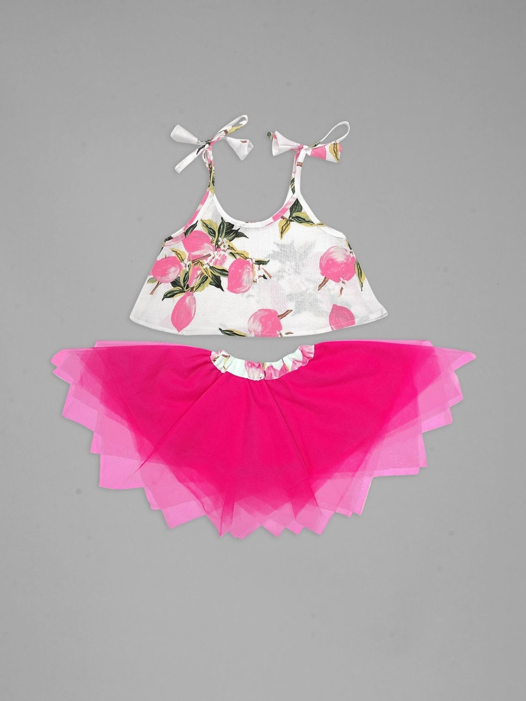 VidiRna Girls Printed Crop Top With Net Skirt Set