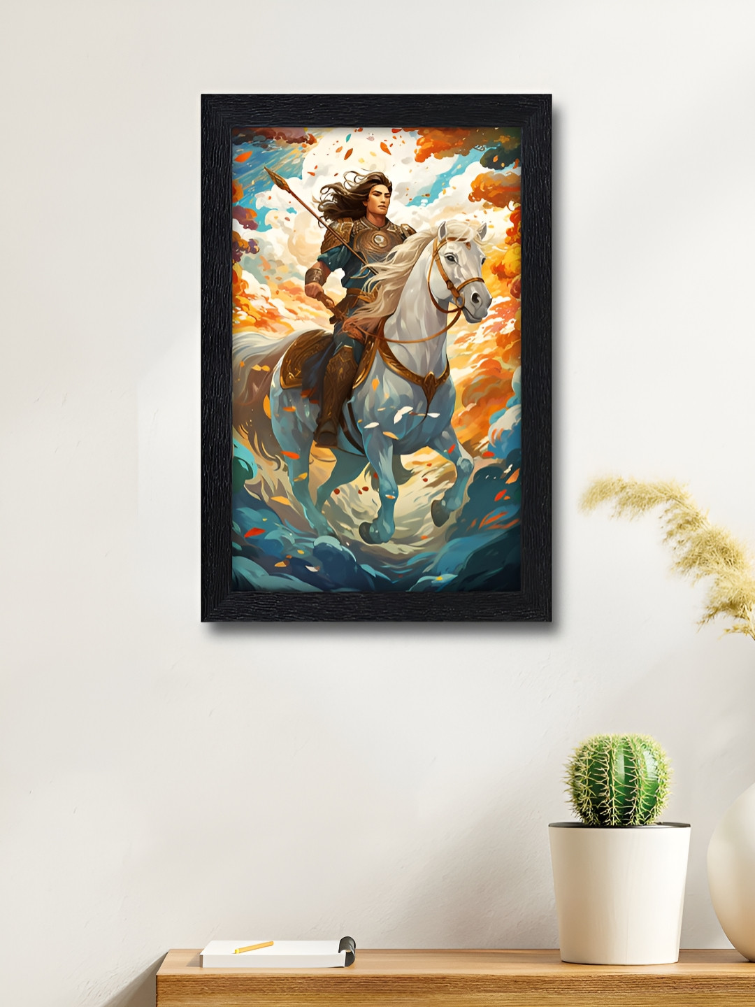 RANDOM White & Orange Fantasy Warrior on White Stallion Gloss Laminated Framed Wall Art
