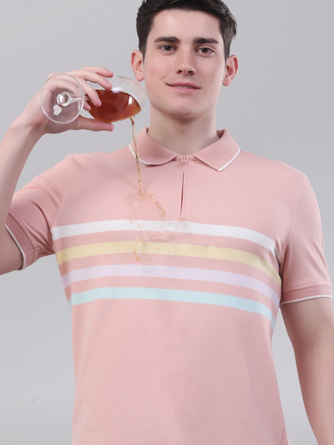 TURMS Men Striped Zipper Polo Collar Half Sleeves  Stain And Water Repellent Cotton Tshirt