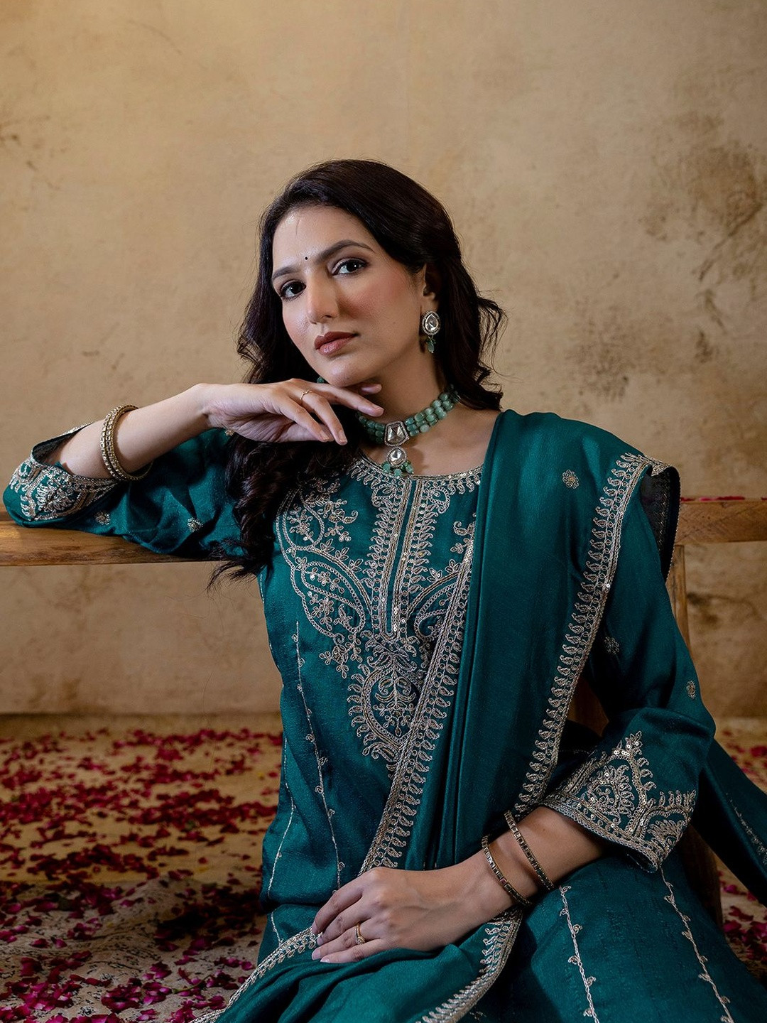 SANISA Women Teal Blue Silk Blend Ethnic Motifs Sequined Kurta & Trousers With Dupatta