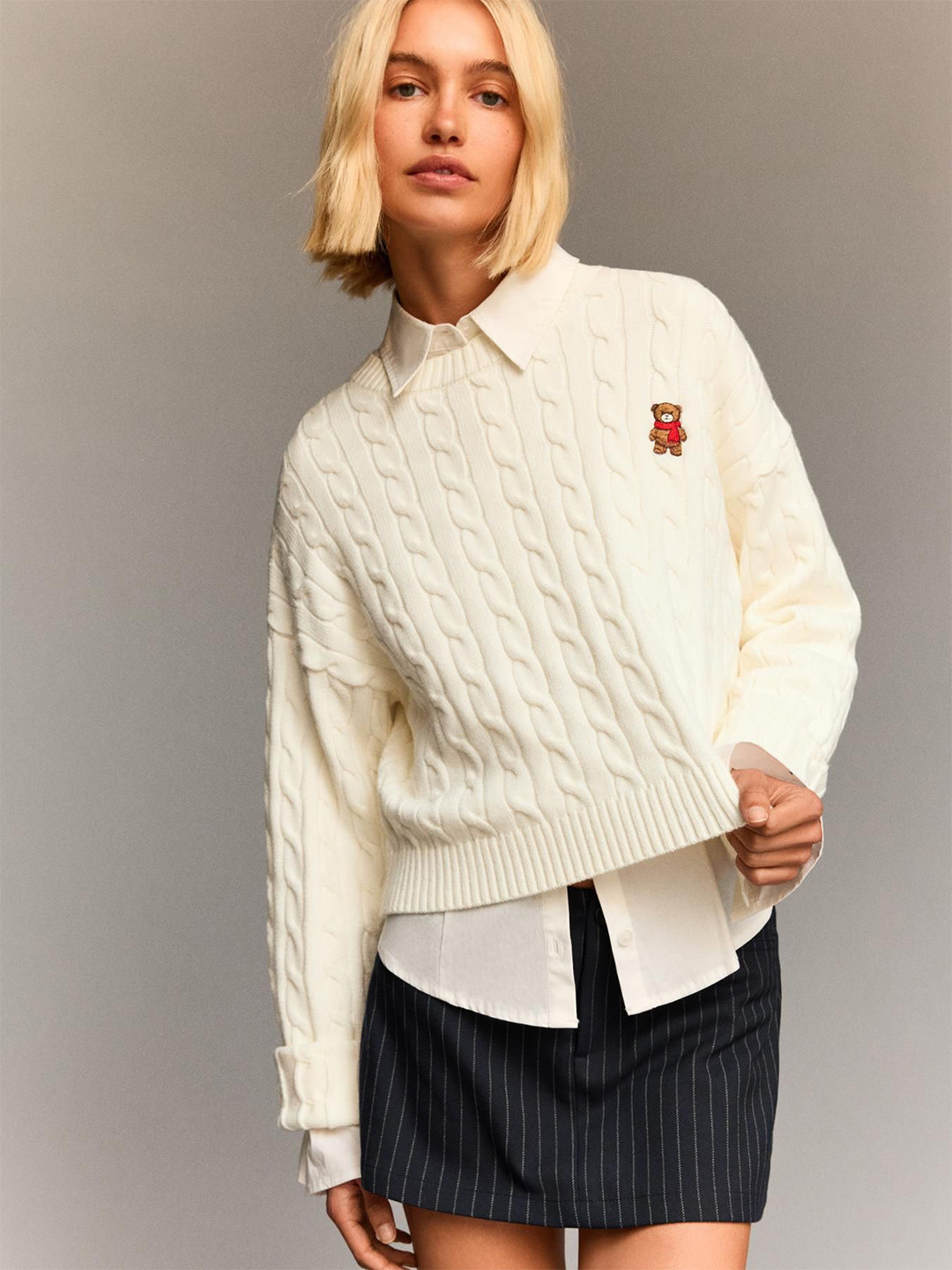 Bershka Embroidered Cable-Knit Sweater