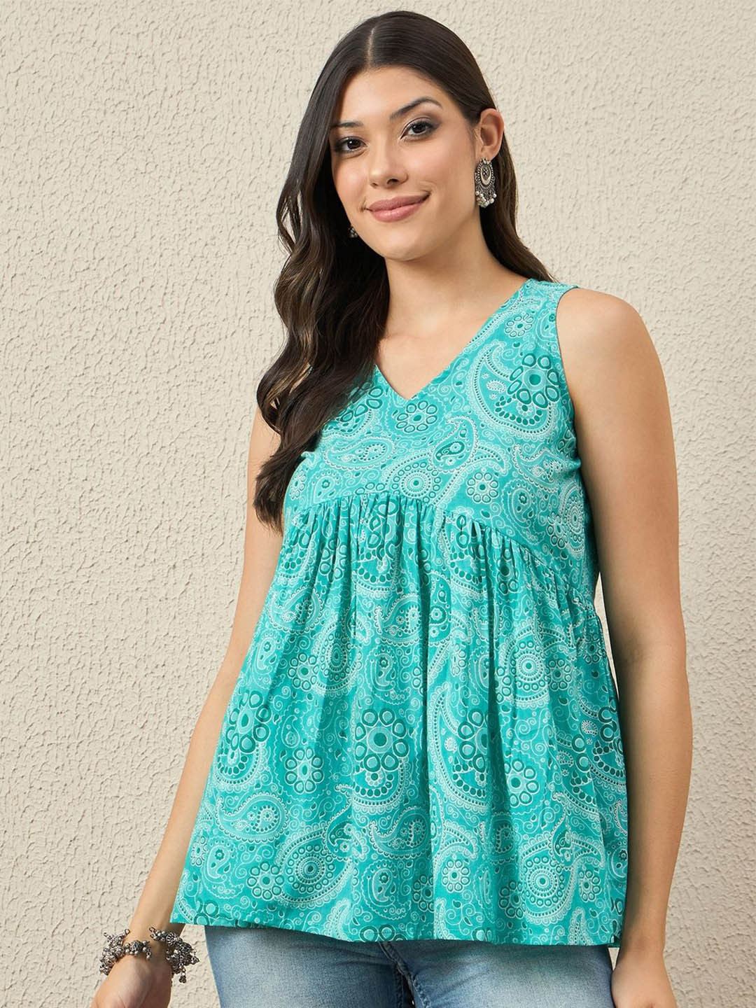 VANSIRI Women Sea Green Paisley Print Sleeveless Cotton Top