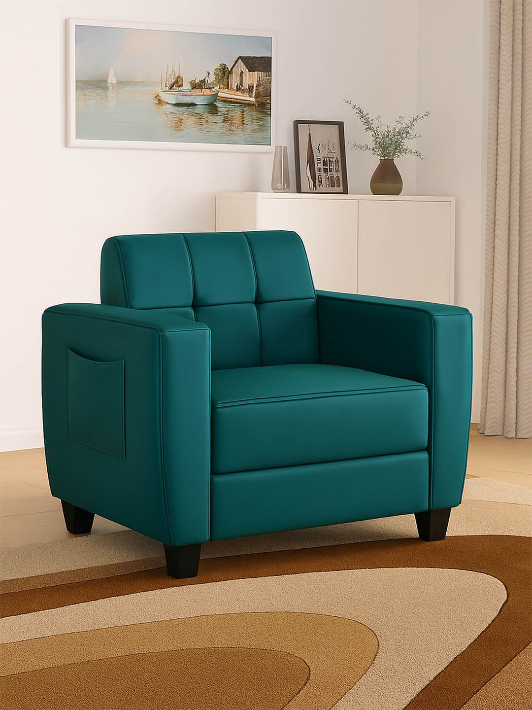 ARRA Green Velvet Remo Tufted Back Fabric 1 Seater Sofa