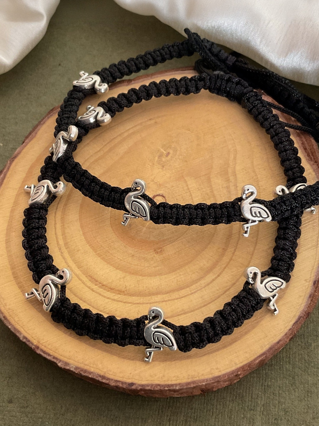 Mohati Women Set Of 2 Black Jaipur Thread Handcrafted Adjustable Flamingo Charm Anklet