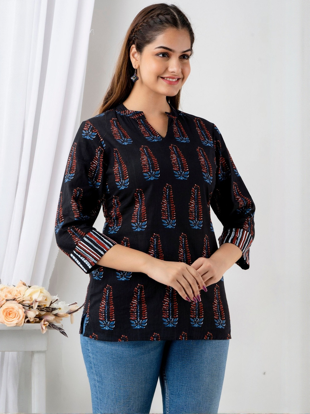 Moda Rapido Black and Blue Floral V-Neck Top