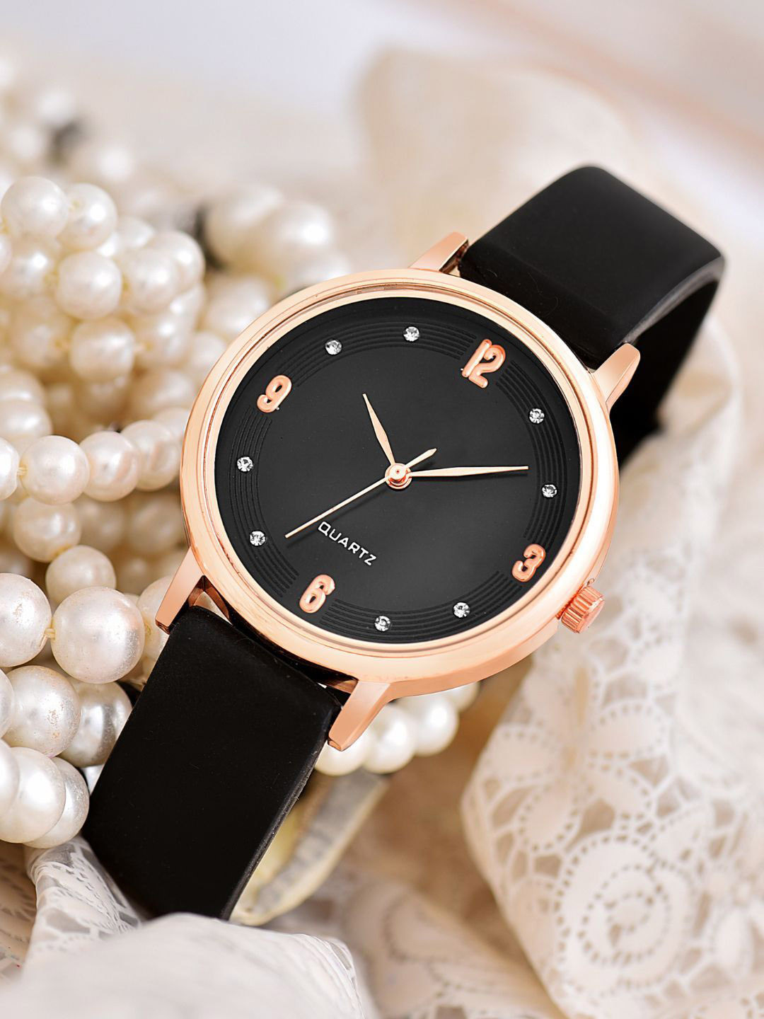 PAPIO Women Embellished Dial & Leather Bracelet Style Straps Analogue Watch OP-136_BLACK