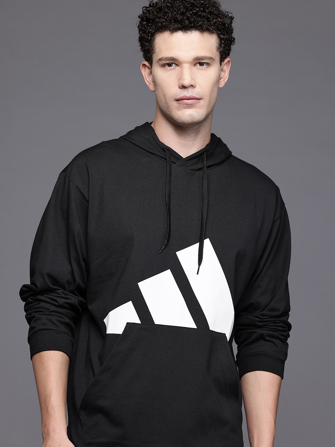 ADIDAS Brand Logo Printed Drop Shoulder Kangaroo Pockets Hooded Relaxed Fit Pullover