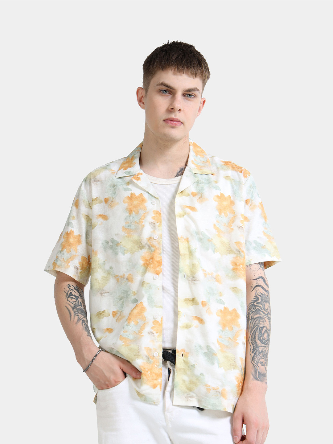 StitchX Men Short Sleeve Printed Beach Cuban Collar Shirt Multicolour