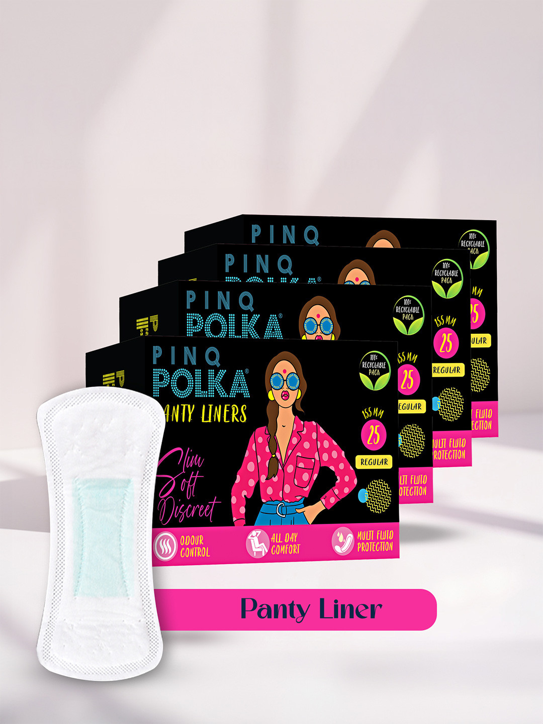 PINQ POLKA Set of 4 Regular Premium Ultra Thin Cotton Feel Panty Liners - 25-Pcs Each