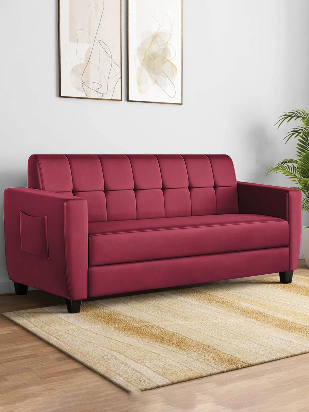 ARRA Maroon Remo Tufted Back Fabric 3 Seater Sofa